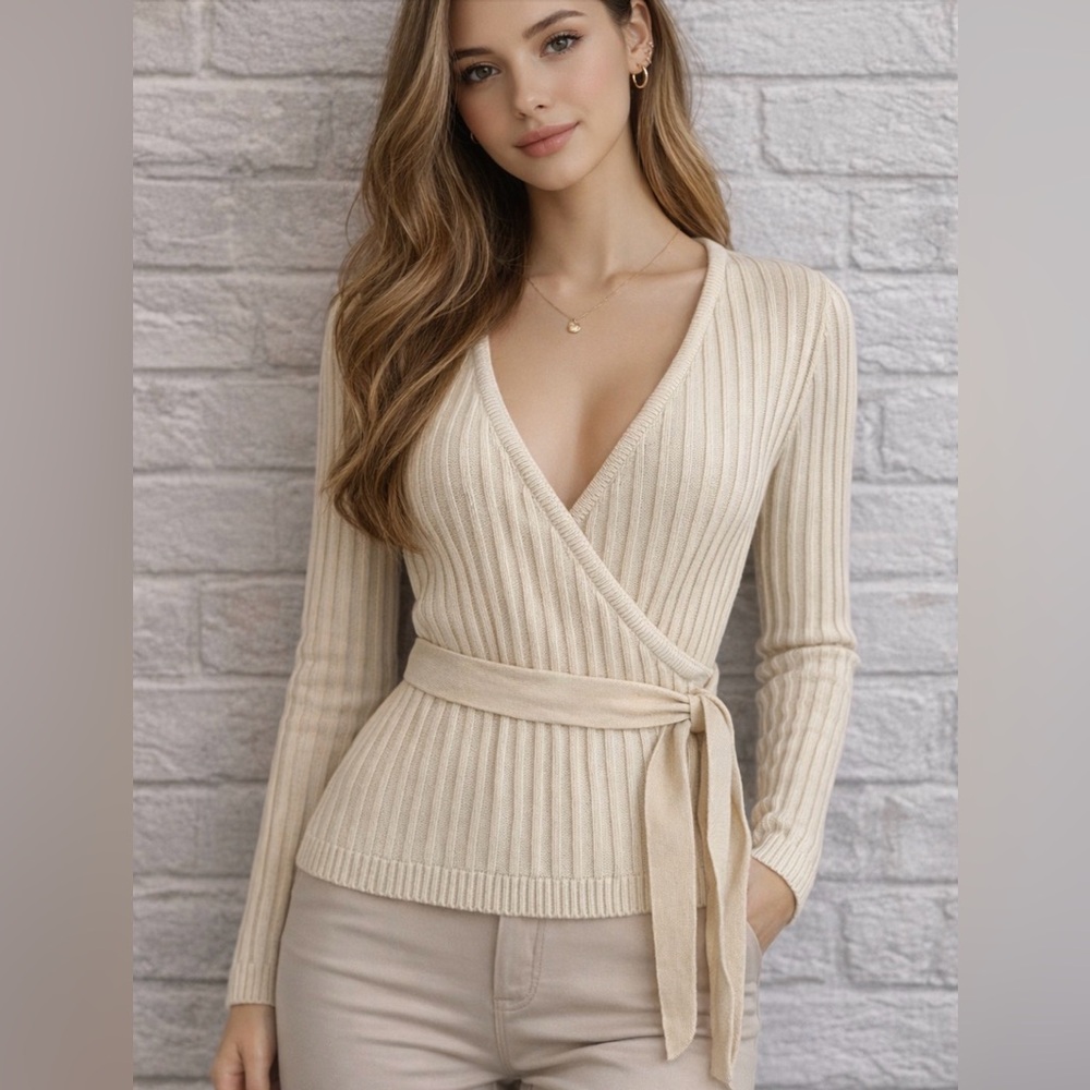 Loeil Women’s OS Cream/Beige Ribbed Knit Long Sleeve Top Wrap Top